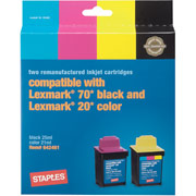 STAPLES Remanufactured Black and Color Ink Cartridges Compatible with Lexmark 70/20, 2/Pack