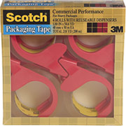 Scotch Commercial-Performance Hand Packaging Tape Dispenser, 4 Dispensers/4 Rolls