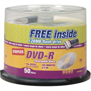 Staples 50/Pack 4.7GB DVD-R, Spindle with free 128MB Flash Drive