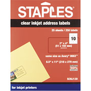 Staples Clear Inkjet Shipping Labels, 2" X 4"
