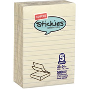 Staples Stickies 4" x 6" Yellow Line-Ruled Flat Notes