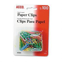 Acco Brands Inc. No. 2 (1 1/8 ) Vinyl Coated Wire Paper Clips, Assorted Colors, 100 Clips/Card