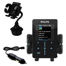 Gomadic Philips GoGear SA9200/17 Auto Cup Holder with Car Charger - Uses TipExchange
