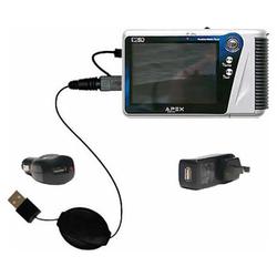 Gomadic Retractable USB Hot Sync Compact Kit with Car & Wall Charger for the APEX Digital E2go - Bra