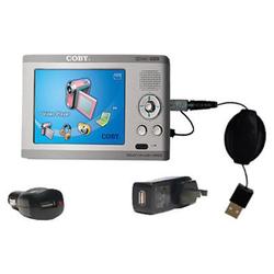 Gomadic Retractable USB Hot Sync Compact Kit with Car & Wall Charger for the Coby PMP-3522 20GB - Br