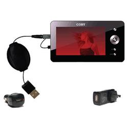 Gomadic Retractable USB Hot Sync Compact Kit with Car & Wall Charger for the Coby PMP-4320 - Brand w