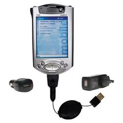 Gomadic Retractable USB Hot Sync Compact Kit with Car & Wall Charger for the Compaq iPAQ 3800 - Bran