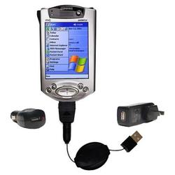 Gomadic Retractable USB Hot Sync Compact Kit with Car & Wall Charger for the Compaq iPAQ 3970 - Bran