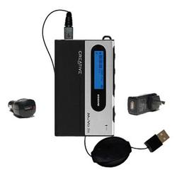 Gomadic Retractable USB Hot Sync Compact Kit with Car & Wall Charger for the Creative MuVo Slim - Br