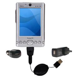 Gomadic Retractable USB Hot Sync Compact Kit with Car & Wall Charger for the Dell Axim x3 - Brand w/
