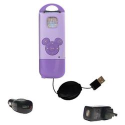 Gomadic Retractable USB Hot Sync Compact Kit with Car & Wall Charger for the Disney Mix Stick - Bran