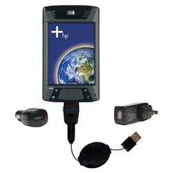 Gomadic Retractable USB Hot Sync Compact Kit with Car & Wall Charger for the HP iPAQ hx4705 - Brand