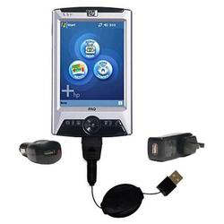 Gomadic Retractable USB Hot Sync Compact Kit with Car & Wall Charger for the HP iPAQ rx3100 - Brand