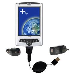 Gomadic Retractable USB Hot Sync Compact Kit with Car & Wall Charger for the HP iPAQ rz1700 - Brand