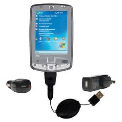 Gomadic Retractable USB Hot Sync Compact Kit with Car & Wall Charger for the HP iPaq hx2000 Series - Gomadic
