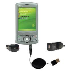 Gomadic Retractable USB Hot Sync Compact Kit with Car & Wall Charger for the HTC P3300 - Brand w/ Ti