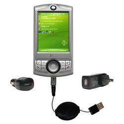 Gomadic Retractable USB Hot Sync Compact Kit with Car & Wall Charger for the HTC P3350 - Brand w/ Ti