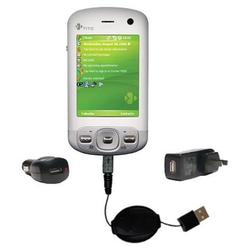 Gomadic Retractable USB Hot Sync Compact Kit with Car & Wall Charger for the HTC P3600 - Brand w/ Ti