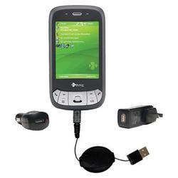Gomadic Retractable USB Hot Sync Compact Kit with Car & Wall Charger for the HTC P4350 - Brand w/ Ti