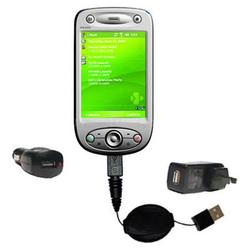 Gomadic Retractable USB Hot Sync Compact Kit with Car & Wall Charger for the HTC P6300 - Brand w/ Ti