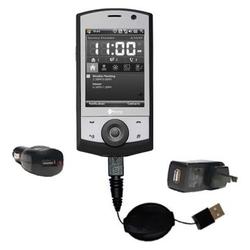 Gomadic Retractable USB Hot Sync Compact Kit with Car & Wall Charger for the HTC Touch Cruise - Bran