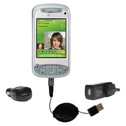 Gomadic Retractable USB Hot Sync Compact Kit with Car & Wall Charger for the HTC TyTN - Brand w/ Tip
