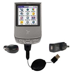Gomadic Retractable USB Hot Sync Compact Kit with Car & Wall Charger for the Handspring Treo 90 - Br