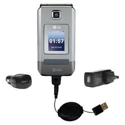 Gomadic Retractable USB Hot Sync Compact Kit with Car & Wall Charger for the LG CU575 TraX - Brand w