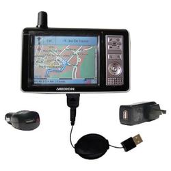 Gomadic Retractable USB Hot Sync Compact Kit with Car & Wall Charger for the Medion MDPNA 150 - Bran