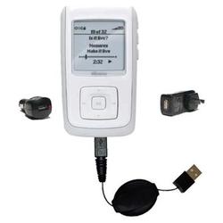 Gomadic Retractable USB Hot Sync Compact Kit with Car & Wall Charger for the Memorex MMP8575 2GB - B