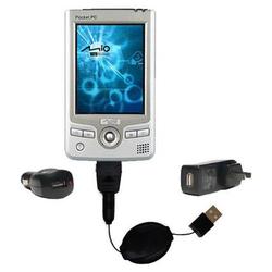 Gomadic Retractable USB Hot Sync Compact Kit with Car & Wall Charger for the Mio Technology 558 - Br