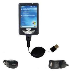 Gomadic Retractable USB Hot Sync Compact Kit with Car & Wall Charger for the Mio Technology DigiWalker 336i
