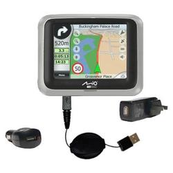 Gomadic Retractable USB Hot Sync Compact Kit with Car & Wall Charger for the Mio Technology DigiWalker C250