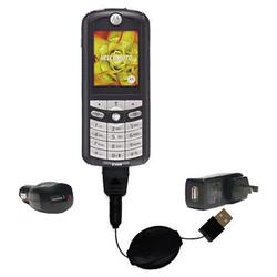 Gomadic Retractable USB Hot Sync Compact Kit with Car & Wall Charger for the Motorola E398 - Brand w