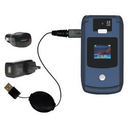 Gomadic Retractable USB Hot Sync Compact Kit with Car & Wall Charger for the Motorola RAZR V3x - Bra