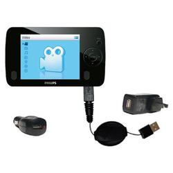 Gomadic Retractable USB Hot Sync Compact Kit with Car & Wall Charger for the Philips GoGear SA3105/37 - Goma