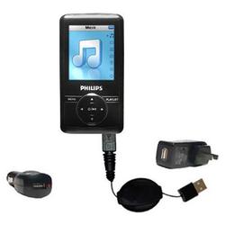 Gomadic Retractable USB Hot Sync Compact Kit with Car & Wall Charger for the Philips GoGear SA3125/37 - Goma
