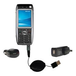 Gomadic Retractable USB Hot Sync Compact Kit with Car & Wall Charger for the Qtek 8600 - Brand w/ Ti