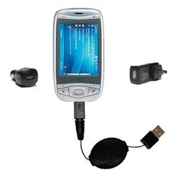 Gomadic Retractable USB Hot Sync Compact Kit with Car & Wall Charger for the Qtek 9100 - Brand w/ Ti