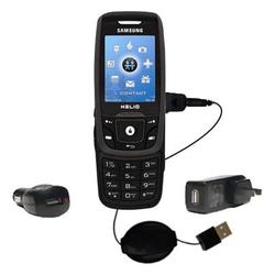 Gomadic Retractable USB Hot Sync Compact Kit with Car & Wall Charger for the Samsung Helio Drift SPH-503 - G