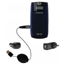 Gomadic Retractable USB Hot Sync Compact Kit with Car & Wall Charger for the Samsung Helio Fin - Bra