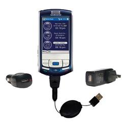 Gomadic Retractable USB Hot Sync Compact Kit with Car & Wall Charger for the Samsung IP-830w - Brand
