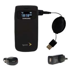 Gomadic Retractable USB Hot Sync Compact Kit with Car & Wall Charger for the Samsung M610 - Brand w/