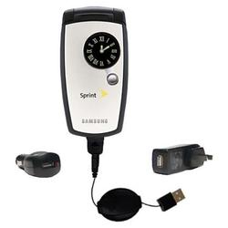 Gomadic Retractable USB Hot Sync Compact Kit with Car & Wall Charger for the Samsung MM-A960 / SPH-A960 - Go