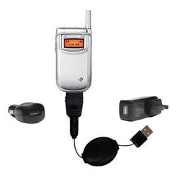 Gomadic Retractable USB Hot Sync Compact Kit with Car & Wall Charger for the Samsung SCH-A310 - Bran