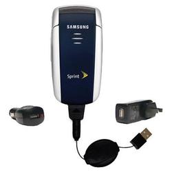 Gomadic Retractable USB Hot Sync Compact Kit with Car & Wall Charger for the Samsung SCH-A560 - Bran