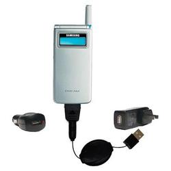 Gomadic Retractable USB Hot Sync Compact Kit with Car & Wall Charger for the Samsung SCH-A595 - Bran