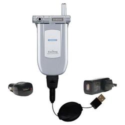 Gomadic Retractable USB Hot Sync Compact Kit with Car & Wall Charger for the Samsung SCH-A603 - Bran