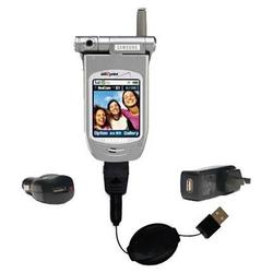 Gomadic Retractable USB Hot Sync Compact Kit with Car & Wall Charger for the Samsung SCH-A610 - Bran