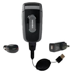 Gomadic Retractable USB Hot Sync Compact Kit with Car & Wall Charger for the Samsung SCH-A630 - Bran
